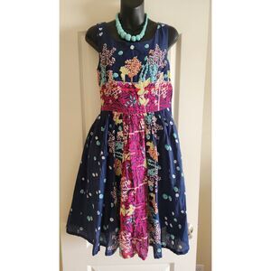 Frock Shop Blue Fuchsia Retired Seattle Cotton Floral Sleeveless Flare Dress Sz